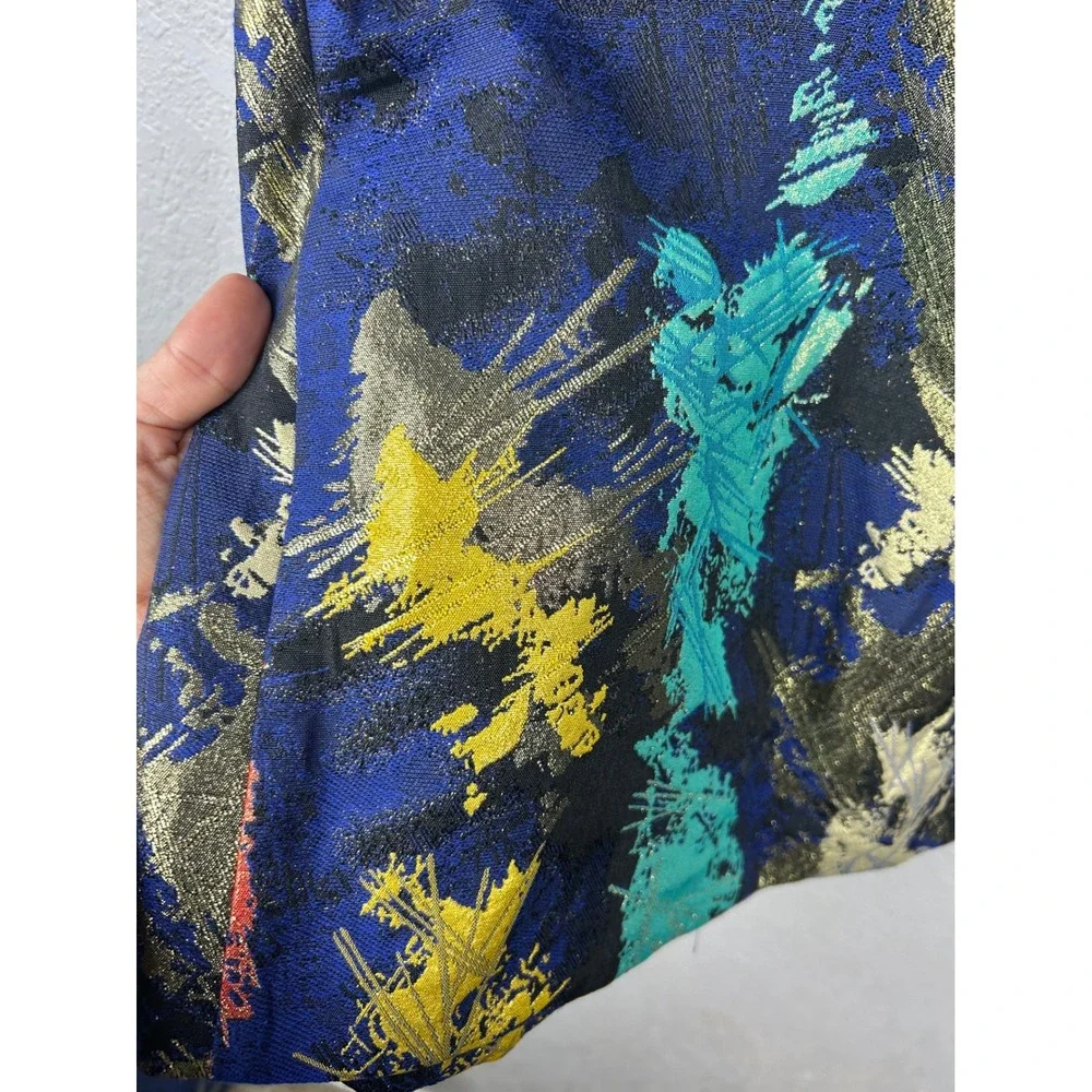 Joseph Ribkoff Metallic Abstract Art Jacquard Open Front Jacket Blue Gold Size 4